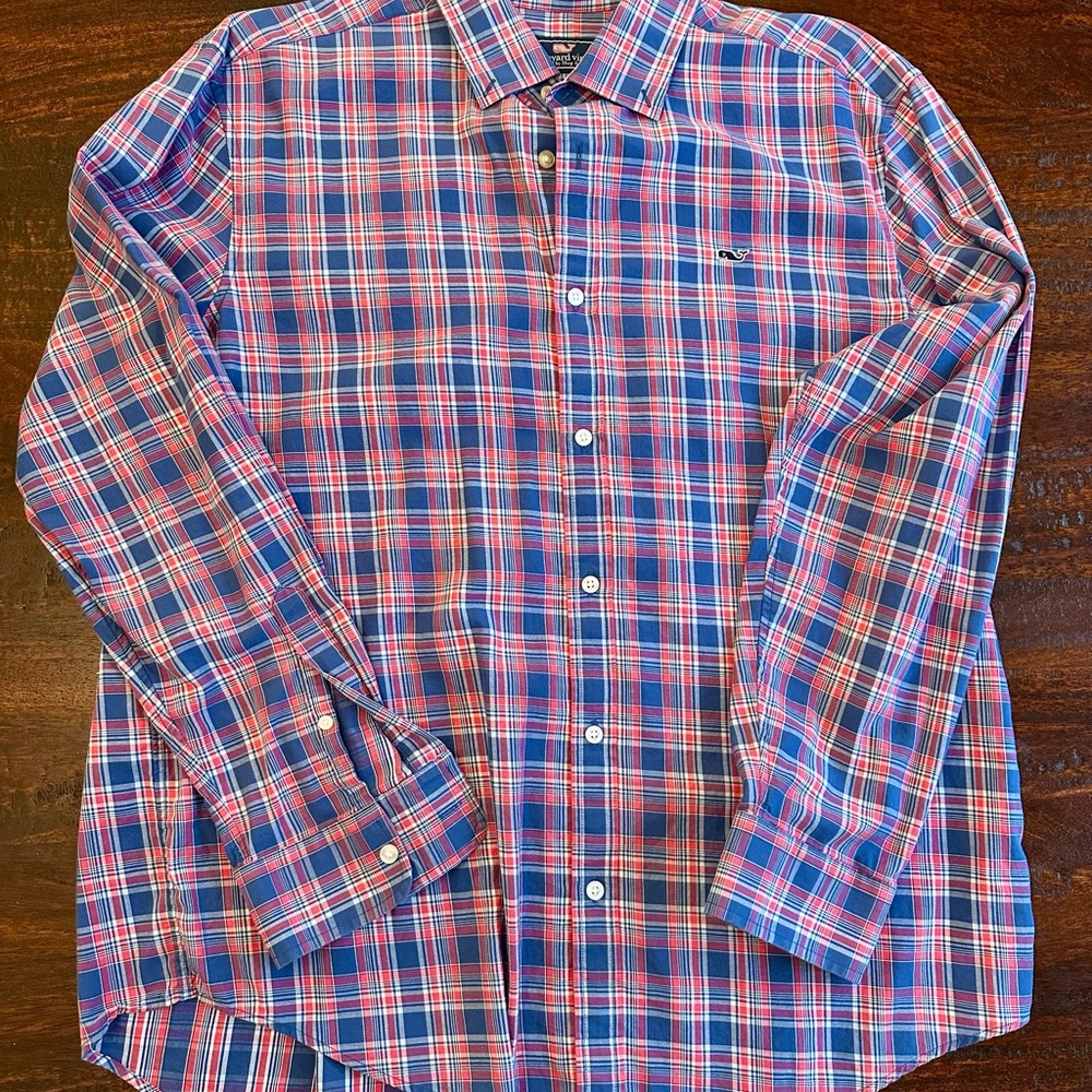 Vineyard Vines Blue and Pink Plaid Shirt Button Down XL Relaxed Fit